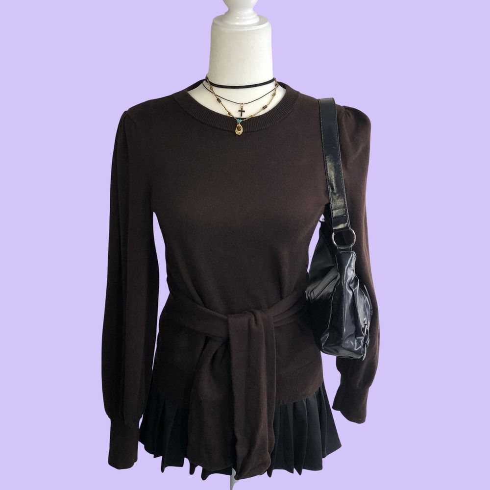 Lauren Ralph Lauren Chocolate Brown Belted Puff Sleeve Sweater Womens Small